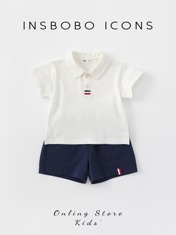 Dječji dvodijelni komplet za dječake: polo majica i šorc, ljeto 2025, sportski stil, pamuk smjesa (95% pamuk), kratki rukavi, polo ovratnik