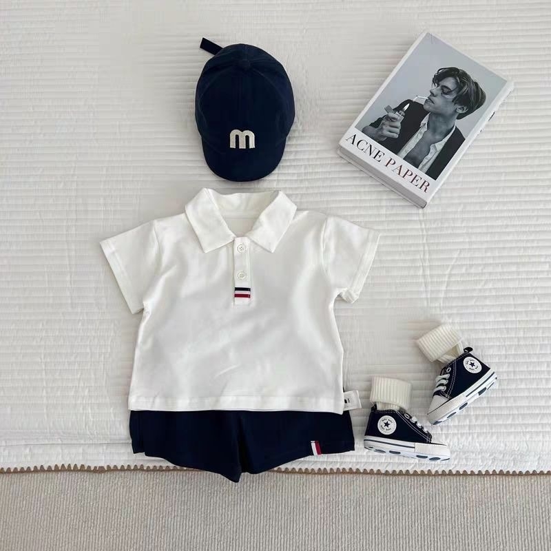 Dječji dvodijelni komplet za dječake: polo majica i šorc, ljeto 2025, sportski stil, pamuk smjesa (95% pamuk), kratki rukavi, polo ovratnik