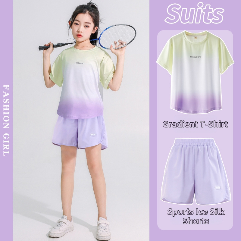 Dievčenský športový set rýchloschnúci, dva diely (top s krátkym rukávom + šortky) - leto 2025, mäkká tkanina, 60% akrylové vlákno, ľahký, pre deti 8+ rokov (140 cm+)