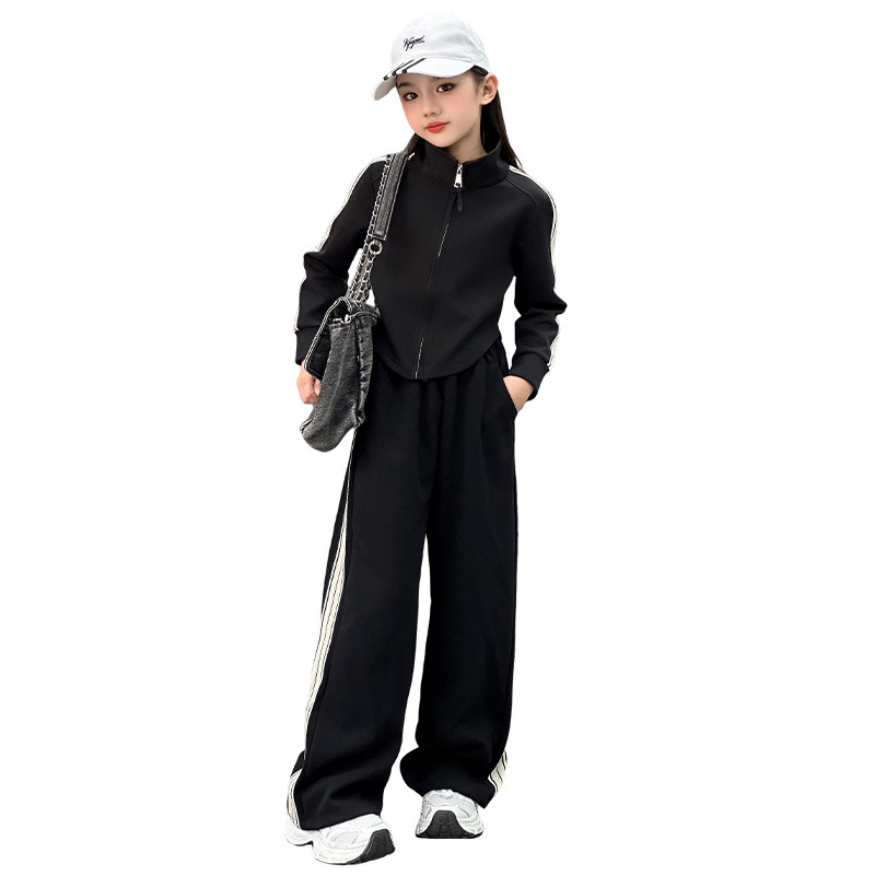Ženski dječji sportski set, dva dijela, dugi rukavi, lagana tkanina s 80% pamuka, prugasti uzorak, korejski stil, pogodna za proljeće i jesen, strojno pranje.