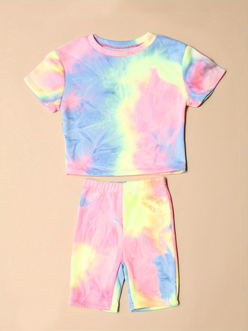 Dvije dijelni set za djevojčice s tie-dye printom, kratkih rukava, poliester smjesa, mekan završni sloj, pogodan za jesen, proljeće i zimu