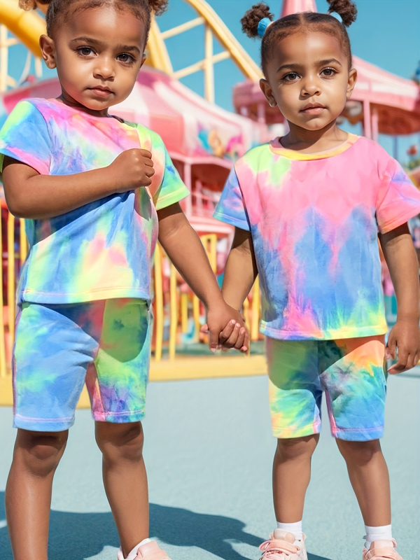 Dvije dijelni set za djevojčice s tie-dye printom, kratkih rukava, poliester smjesa, mekan završni sloj, pogodan za jesen, proljeće i zimu
