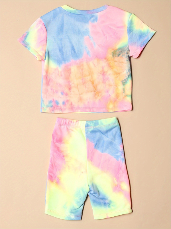 Dvije dijelni set za djevojčice s tie-dye printom, kratkih rukava, poliester smjesa, mekan završni sloj, pogodan za jesen, proljeće i zimu
