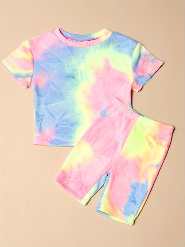 Dvije dijelni set za djevojčice s tie-dye printom, kratkih rukava, poliester smjesa, mekan završni sloj, pogodan za jesen, proljeće i zimu