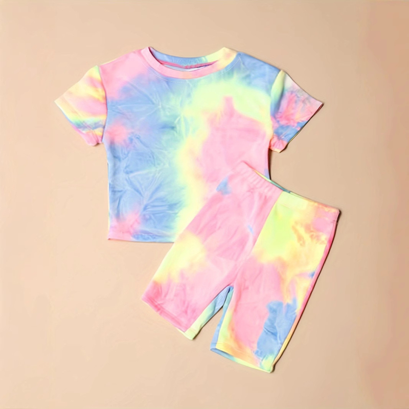 Dvije dijelni set za djevojčice s tie-dye printom, kratkih rukava, poliester smjesa, mekan završni sloj, pogodan za jesen, proljeće i zimu