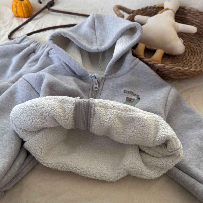 Kisgyerekeknek készült kétszavas plüss felsőnadrág szett – birka gyapjú-keverék (80% poliészter), vastag téli modell 2025, hosszú ujjú kapucnnis felső, 3–8 éveseknek (100–140 cm)