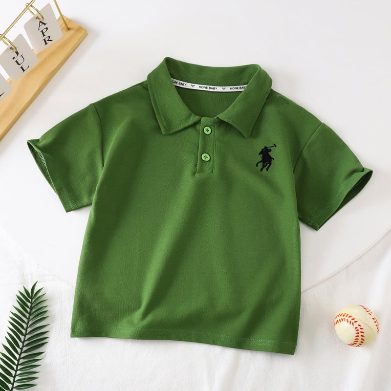 Tricou polo pentru copii, cu guler polo, mâneci scurte, 63% bumbac 37% poliester, broderie cu desen animat