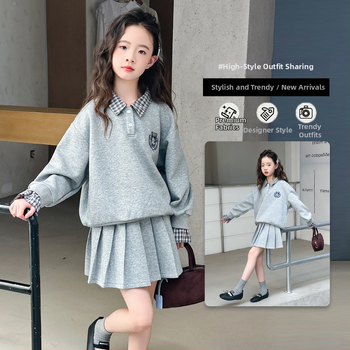 Dievčenský dvojdielny set v koreánskom štýle, svetrík z bavlneno‑zmesového materiálu s kockovaným vzorom, dlhé rukávy, bez kapucne, jesenná-jarná sezóna, plisované detaily