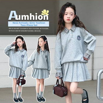 Dievčenský dvojdielny set v koreánskom štýle, svetrík z bavlneno‑zmesového materiálu s kockovaným vzorom, dlhé rukávy, bez kapucne, jesenná-jarná sezóna, plisované detaily