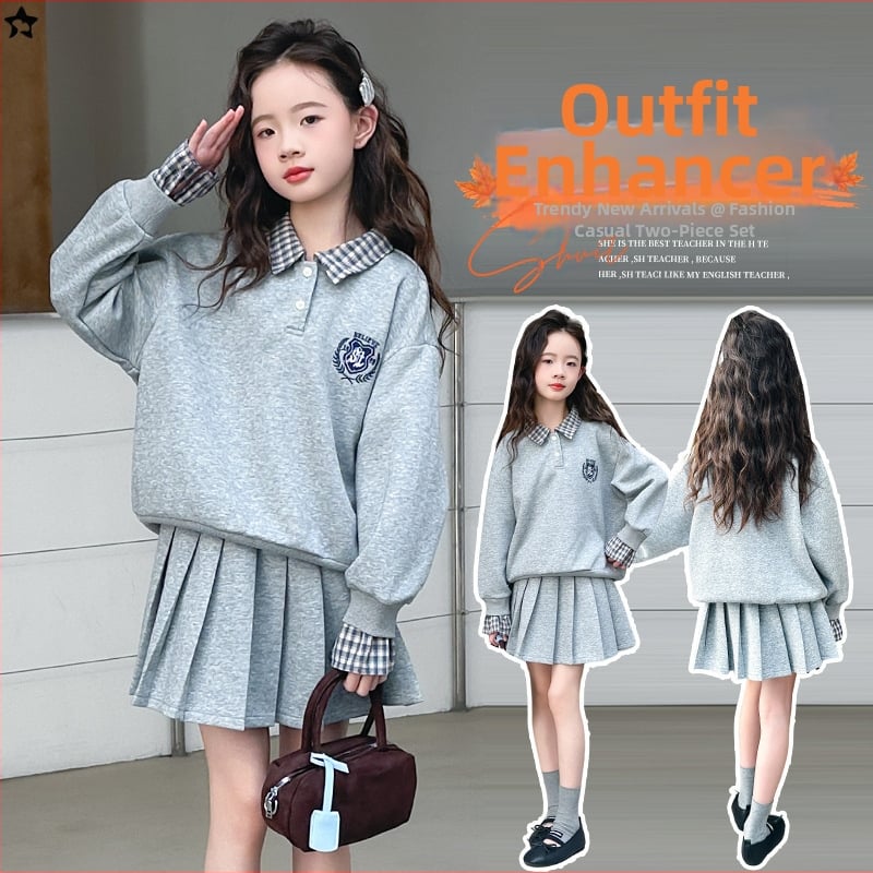 Dievčenský dvojdielny set v koreánskom štýle, svetrík z bavlneno‑zmesového materiálu s kockovaným vzorom, dlhé rukávy, bez kapucne, jesenná-jarná sezóna, plisované detaily