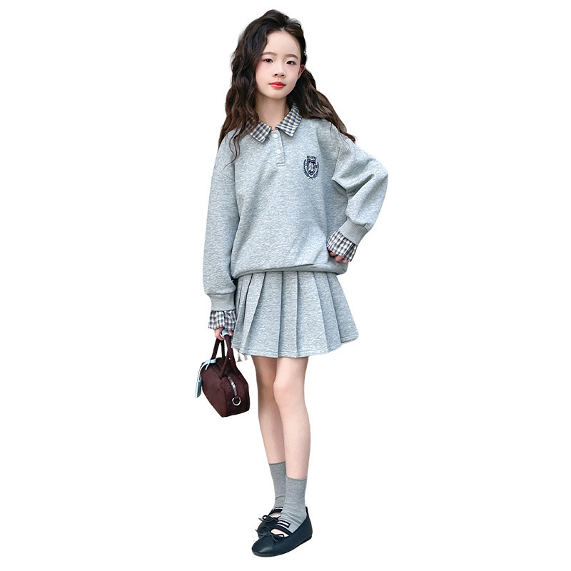 Dievčenský dvojdielny set v koreánskom štýle, svetrík z bavlneno‑zmesového materiálu s kockovaným vzorom, dlhé rukávy, bez kapucne, jesenná-jarná sezóna, plisované detaily