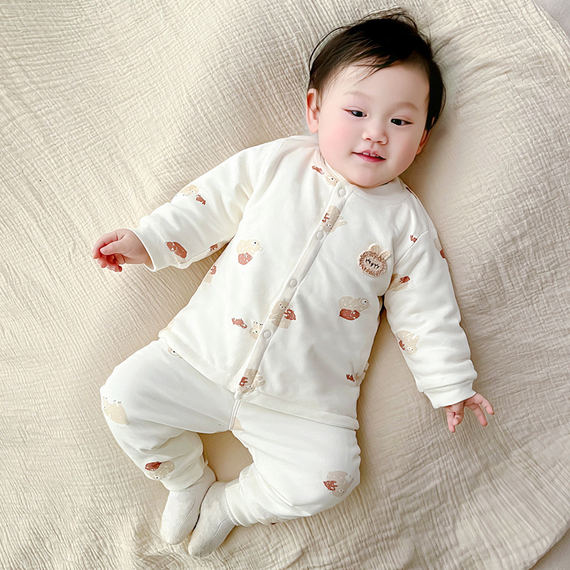 Két darabos bébi quilted öltözet, 100% pamut, bolyhosított anyag, uniszex, hosszú ujjú, kapucni nélküli, újszülött, téli–tavaszi–ősz