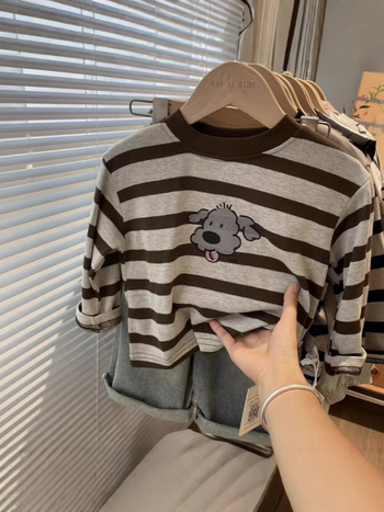 Dječji T‑shirt od 100% pamuka s prugama i tiskom psa, okrugli izrez, dugi rukavi, za dob 3–8 godina