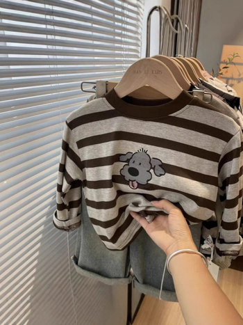 Dječji T‑shirt od 100% pamuka s prugama i tiskom psa, okrugli izrez, dugi rukavi, za dob 3–8 godina
