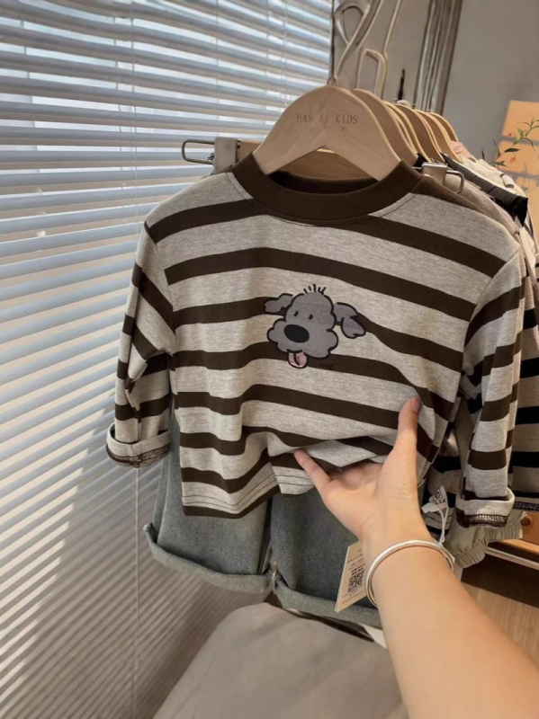 Dječji T‑shirt od 100% pamuka s prugama i tiskom psa, okrugli izrez, dugi rukavi, za dob 3–8 godina