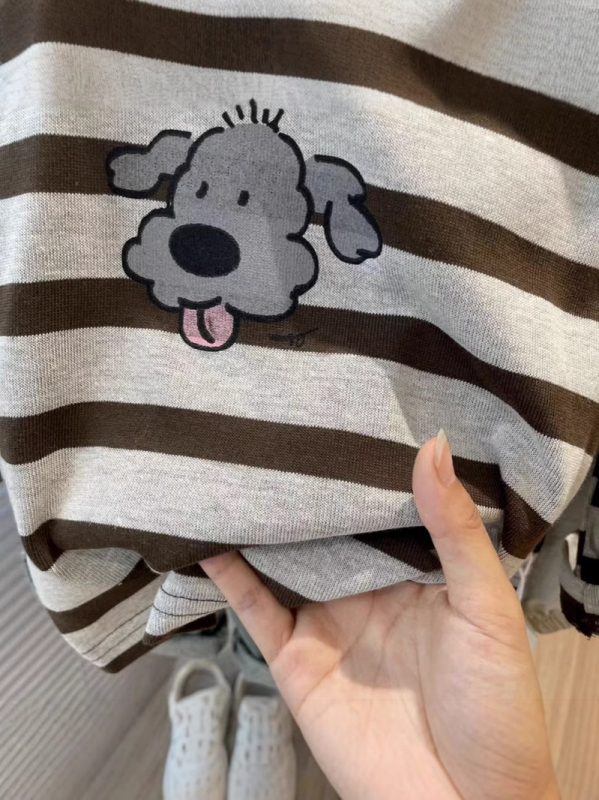 Dječji T‑shirt od 100% pamuka s prugama i tiskom psa, okrugli izrez, dugi rukavi, za dob 3–8 godina