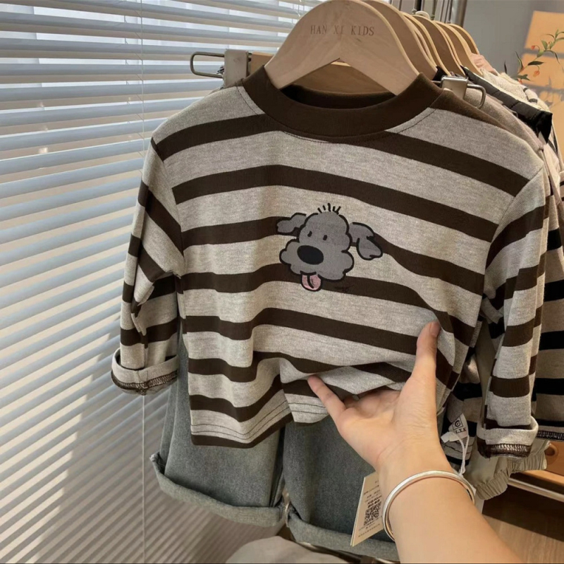 Dječji T‑shirt od 100% pamuka s prugama i tiskom psa, okrugli izrez, dugi rukavi, za dob 3–8 godina