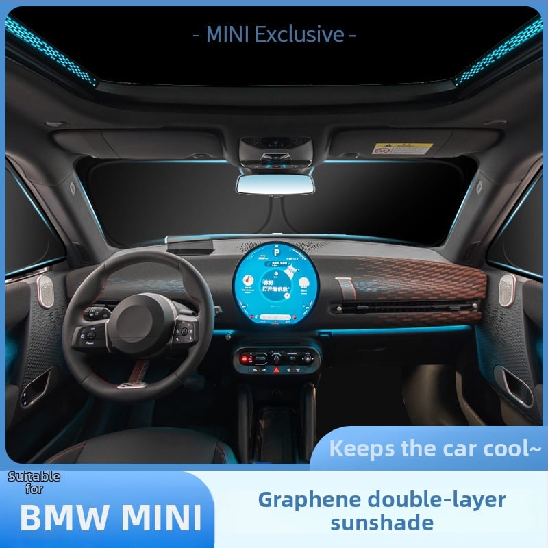 Automobilio saulės skydelis MINI Cooper iš carAwait – titano medžiaga, plokščias montavimas, logotipo spauda įmanoma