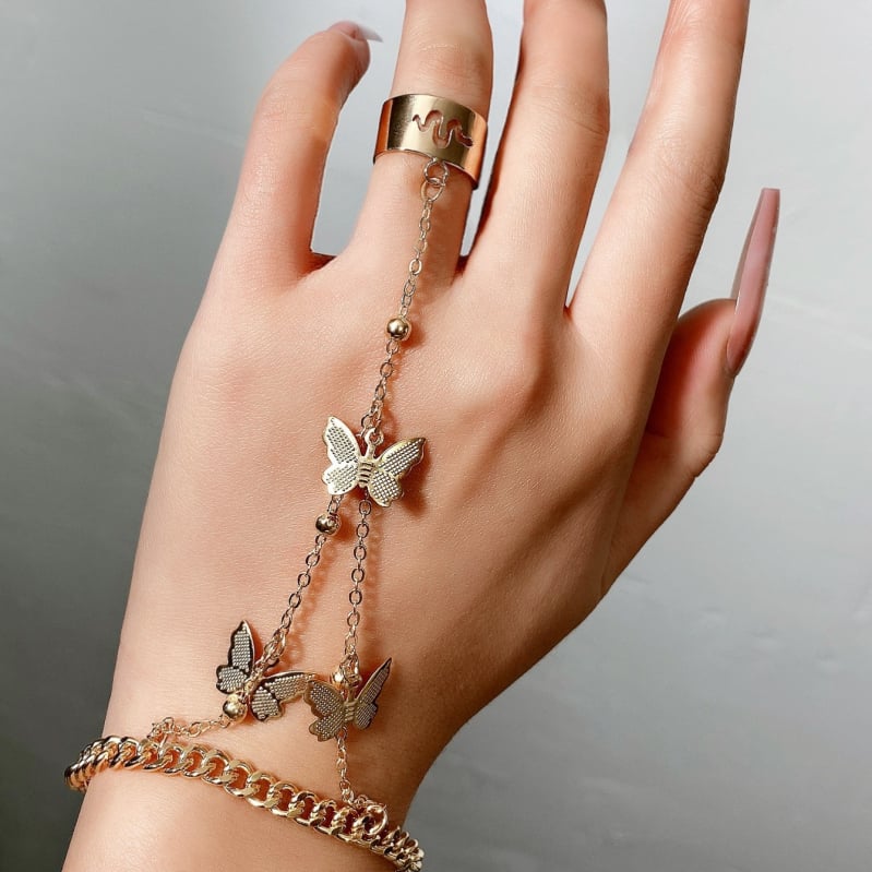 Brățară-inel din aliaj cu pandantiv fluture, lanț unic, placare electrolitică