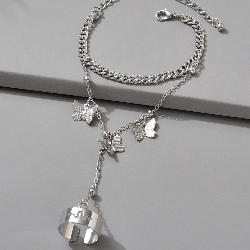 Brățară-inel din aliaj cu pandantiv fluture, lanț unic, placare electrolitică