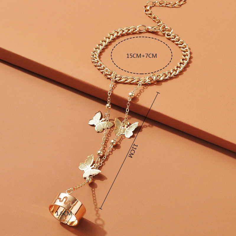 Brățară-inel din aliaj cu pandantiv fluture, lanț unic, placare electrolitică