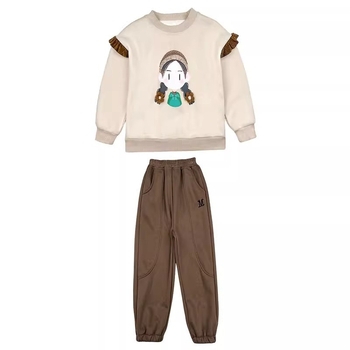 Dievčenská dvojdielna tepláková súprava s dlhými rukávmi, pulórom, karikatúrnym vzorom, polyester.