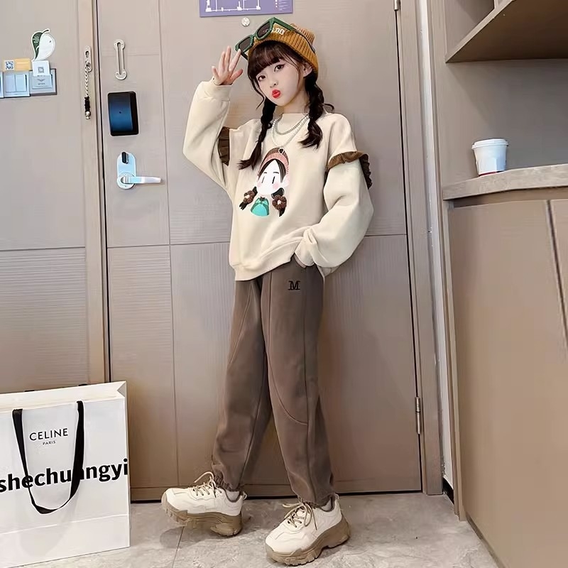 Dievčenská dvojdielna tepláková súprava s dlhými rukávmi, pulórom, karikatúrnym vzorom, polyester.