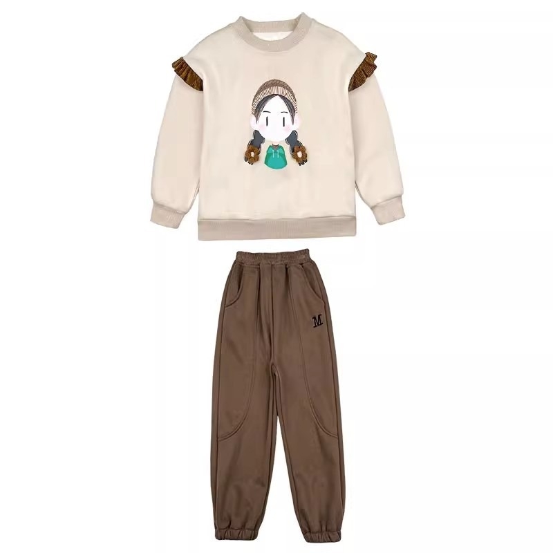 Dievčenská dvojdielna tepláková súprava s dlhými rukávmi, pulórom, karikatúrnym vzorom, polyester.