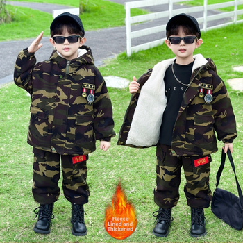 Detský zimný kamuflážny set s kapucňou, dvojdielny set z bavlneného zmesi, fleecová podšívka