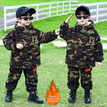 Detský zimný kamuflážny set s kapucňou, dvojdielny set z bavlneného zmesi, fleecová podšívka