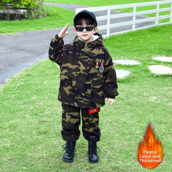 Detský zimný kamuflážny set s kapucňou, dvojdielny set z bavlneného zmesi, fleecová podšívka