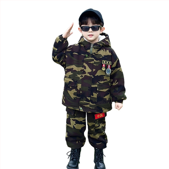Detský zimný kamuflážny set s kapucňou, dvojdielny set z bavlneného zmesi, fleecová podšívka