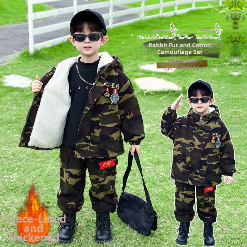 Detský zimný kamuflážny set s kapucňou, dvojdielny set z bavlneného zmesi, fleecová podšívka