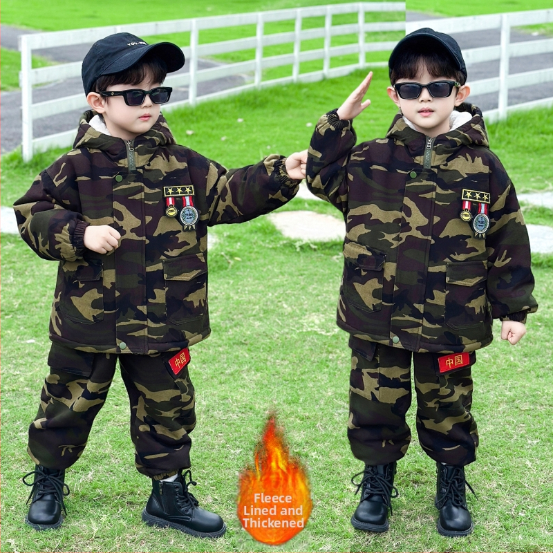 Detský zimný kamuflážny set s kapucňou, dvojdielny set z bavlneného zmesi, fleecová podšívka