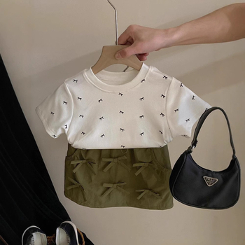 Ljetni dvodijelni komplet za djevojčice – korejski stil, mašna, kratka majica s kratkim rukavima i kratka suknja, 90% pamuk