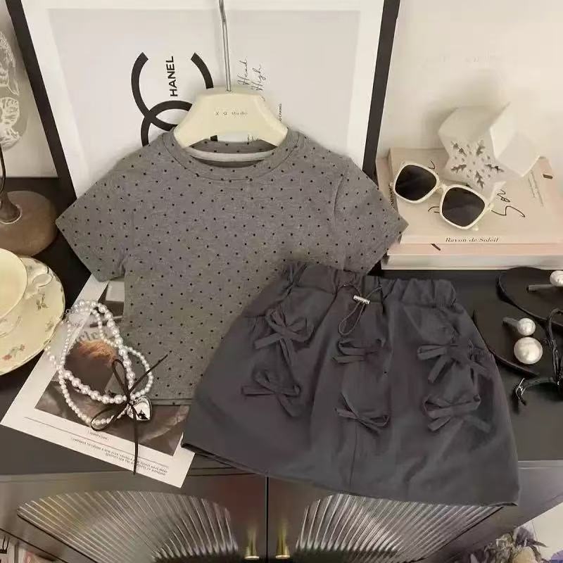 Ljetni dvodijelni komplet za djevojčice – korejski stil, mašna, kratka majica s kratkim rukavima i kratka suknja, 90% pamuk