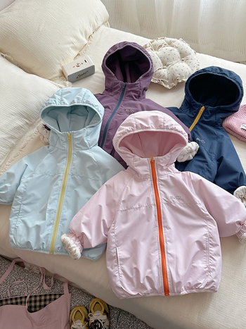 Jachetă de iarnă din softshell pentru copii, stil coreean, fermoar, fără glugă, căptușală din bumbac, exterior 100% poliester, tratament brushed/enzimic, lungime scurtă, culoare uni, pentru copii 3–8 ani