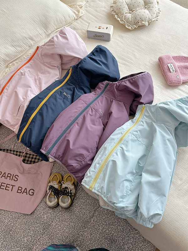 Jachetă de iarnă din softshell pentru copii, stil coreean, fermoar, fără glugă, căptușală din bumbac, exterior 100% poliester, tratament brushed/enzimic, lungime scurtă, culoare uni, pentru copii 3–8 ani