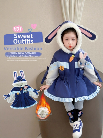 Dievčenský zimný kabát s motívom policajného zajačika — fleecový parka, kapucňa, hrubý bavlneno-zmesový materiál, podšívka polyester, zips, okrúhly výstrih