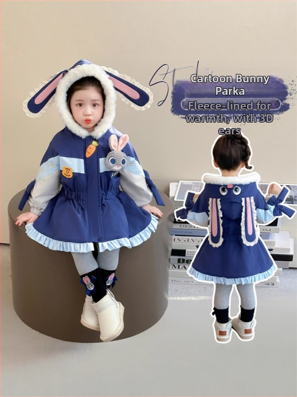 Dievčenský zimný kabát s motívom policajného zajačika — fleecový parka, kapucňa, hrubý bavlneno-zmesový materiál, podšívka polyester, zips, okrúhly výstrih