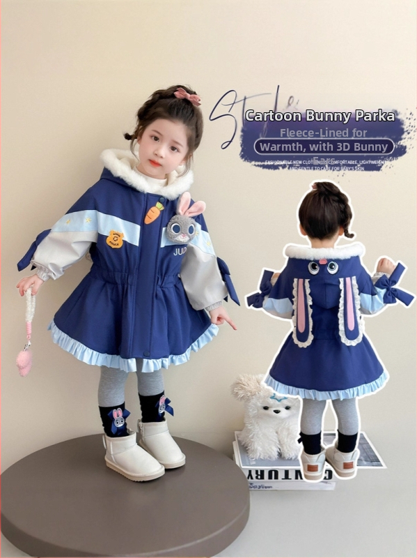 Dievčenský zimný kabát s motívom policajného zajačika — fleecový parka, kapucňa, hrubý bavlneno-zmesový materiál, podšívka polyester, zips, okrúhly výstrih