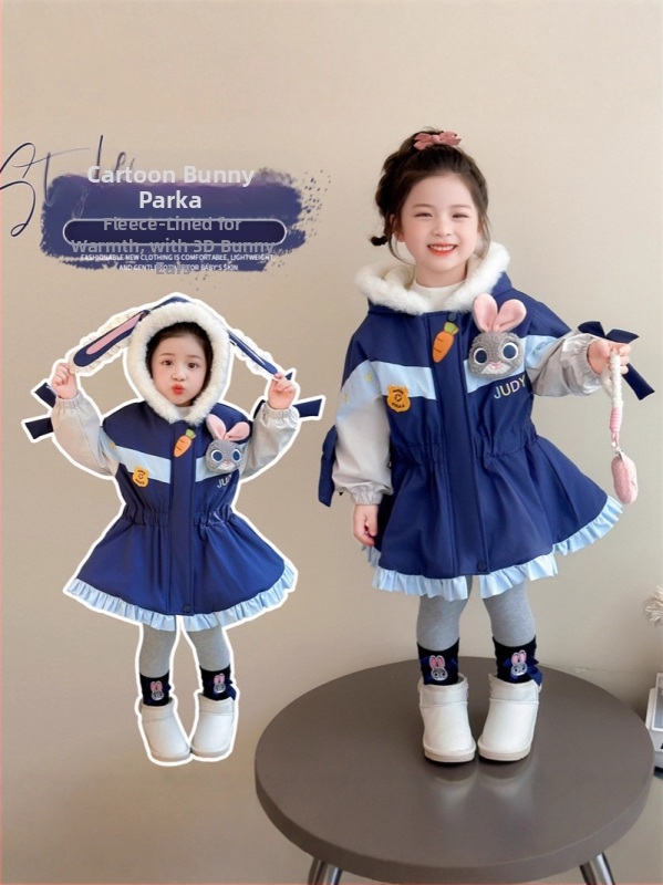 Dievčenský zimný kabát s motívom policajného zajačika — fleecový parka, kapucňa, hrubý bavlneno-zmesový materiál, podšívka polyester, zips, okrúhly výstrih