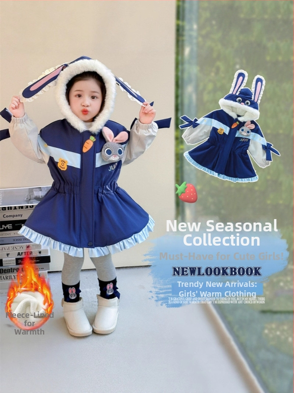 Dievčenský zimný kabát s motívom policajného zajačika — fleecový parka, kapucňa, hrubý bavlneno-zmesový materiál, podšívka polyester, zips, okrúhly výstrih