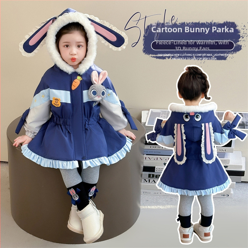 Dievčenský zimný kabát s motívom policajného zajačika — fleecový parka, kapucňa, hrubý bavlneno-zmesový materiál, podšívka polyester, zips, okrúhly výstrih