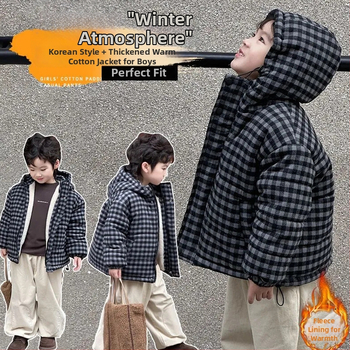 Detská kapucňová bunda z polyesteru s kockovaným vzorom, zosilnená tepelná izolácia, pre vek 3–8 rokov (100–140 cm), kórejský štýl, Zima 2025