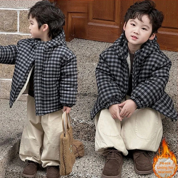 Detská kapucňová bunda z polyesteru s kockovaným vzorom, zosilnená tepelná izolácia, pre vek 3–8 rokov (100–140 cm), kórejský štýl, Zima 2025