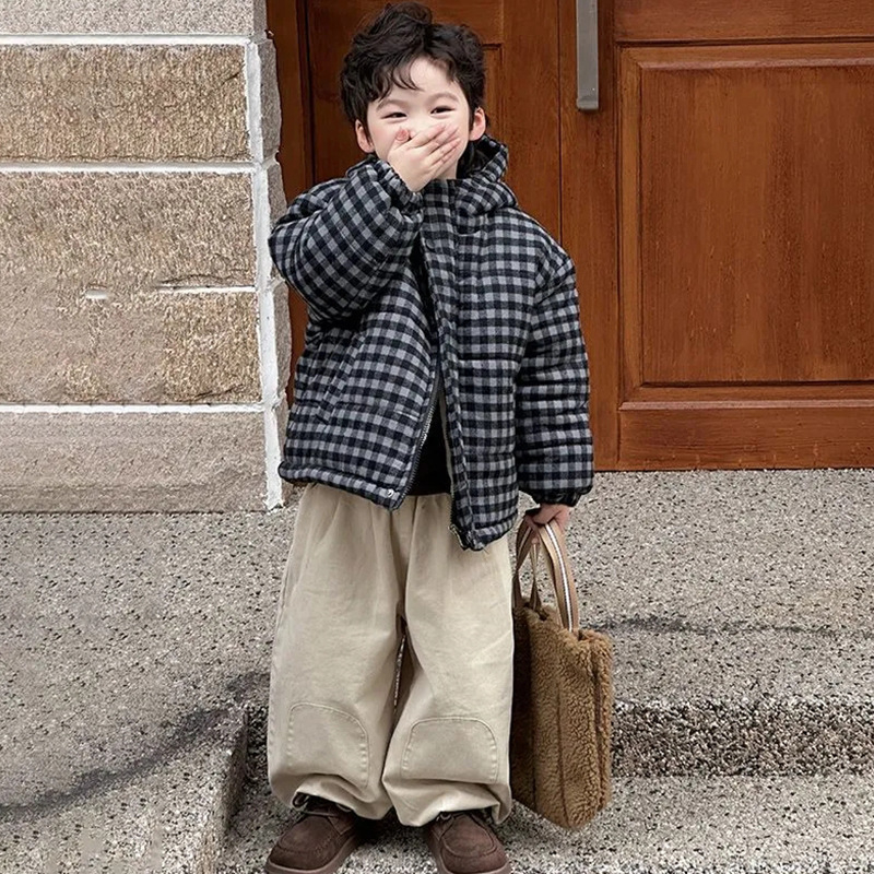 Detská kapucňová bunda z polyesteru s kockovaným vzorom, zosilnená tepelná izolácia, pre vek 3–8 rokov (100–140 cm), kórejský štýl, Zima 2025