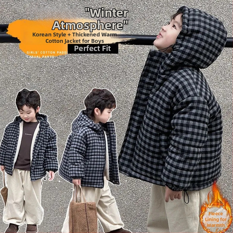 Detská kapucňová bunda z polyesteru s kockovaným vzorom, zosilnená tepelná izolácia, pre vek 3–8 rokov (100–140 cm), kórejský štýl, Zima 2025