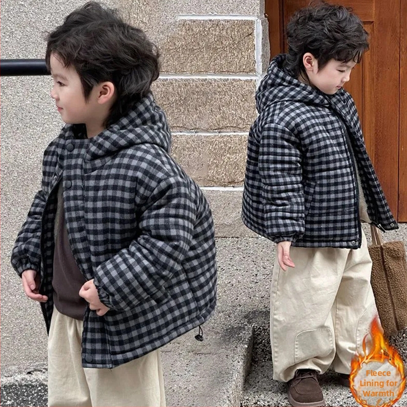 Detská kapucňová bunda z polyesteru s kockovaným vzorom, zosilnená tepelná izolácia, pre vek 3–8 rokov (100–140 cm), kórejský štýl, Zima 2025