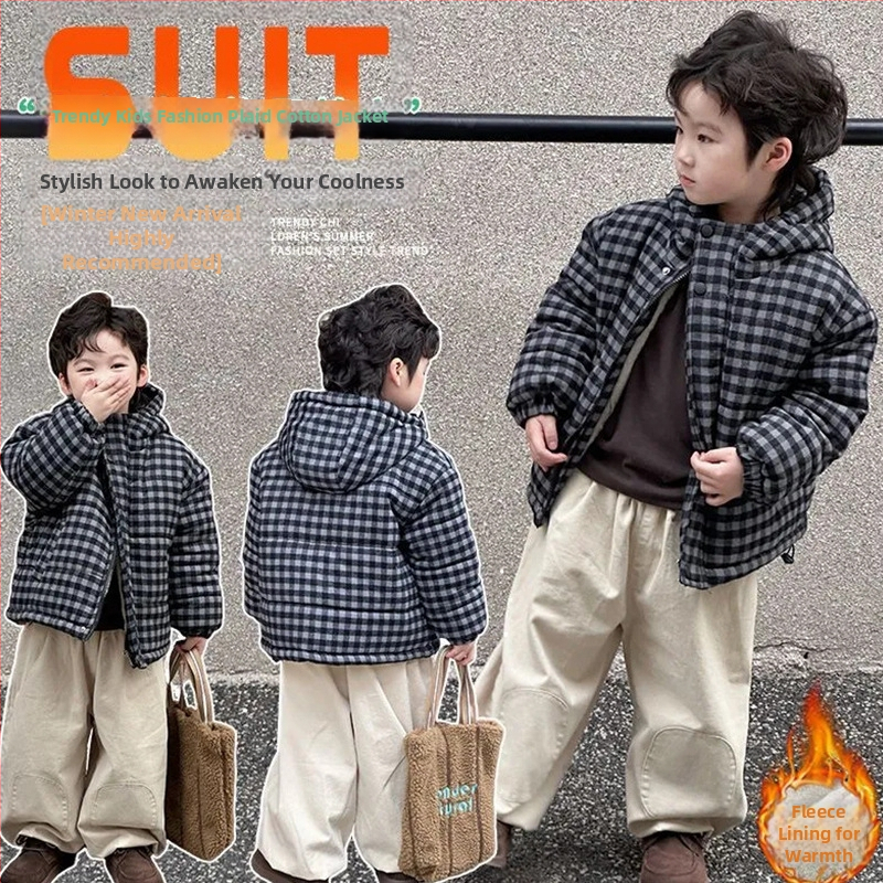 Detská kapucňová bunda z polyesteru s kockovaným vzorom, zosilnená tepelná izolácia, pre vek 3–8 rokov (100–140 cm), kórejský štýl, Zima 2025